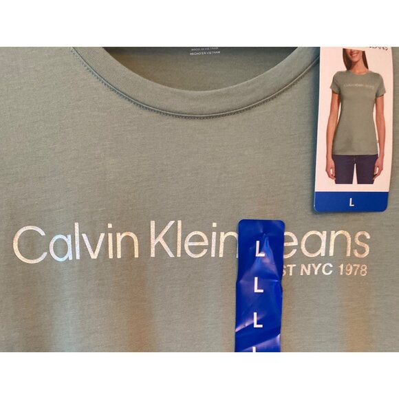 Calvin Klein Jeans Women's Sage Green Logo T-Shirt Large Performance Stretch - Picture 6 of 10
